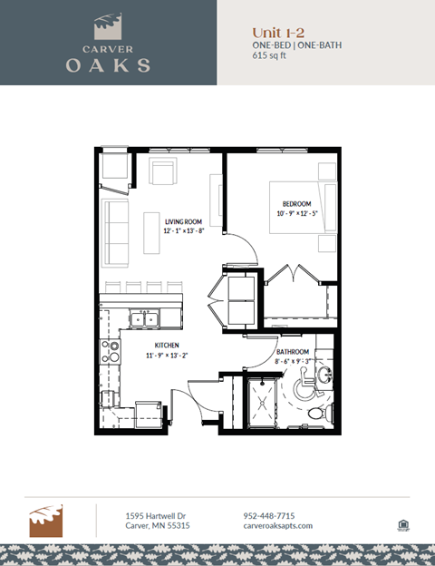 A floor plan for a one-bedroom apartment at Carver Oaks.